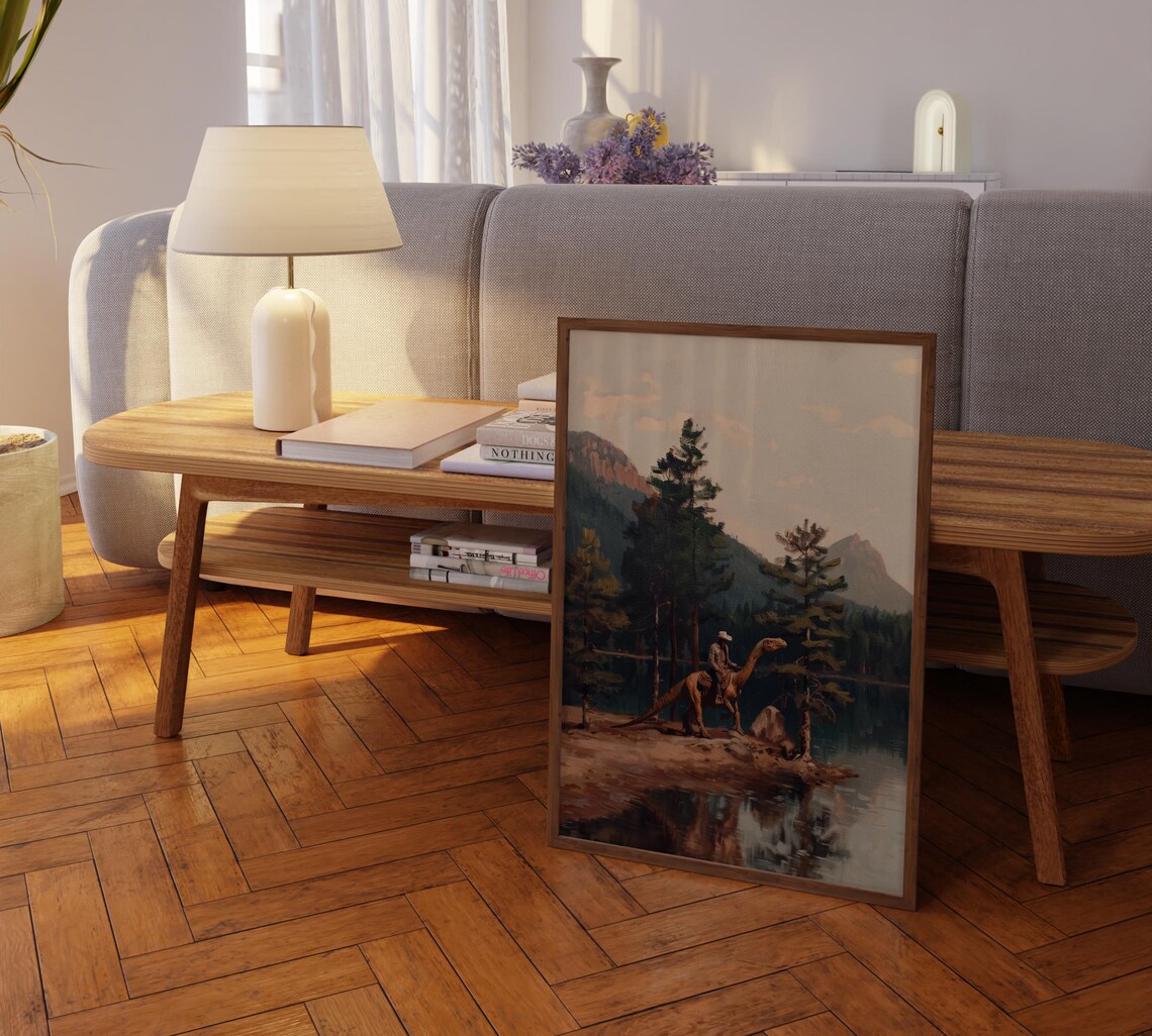 Vintage Dinosaur Cowboy Oil Painting Art Print - Image 2