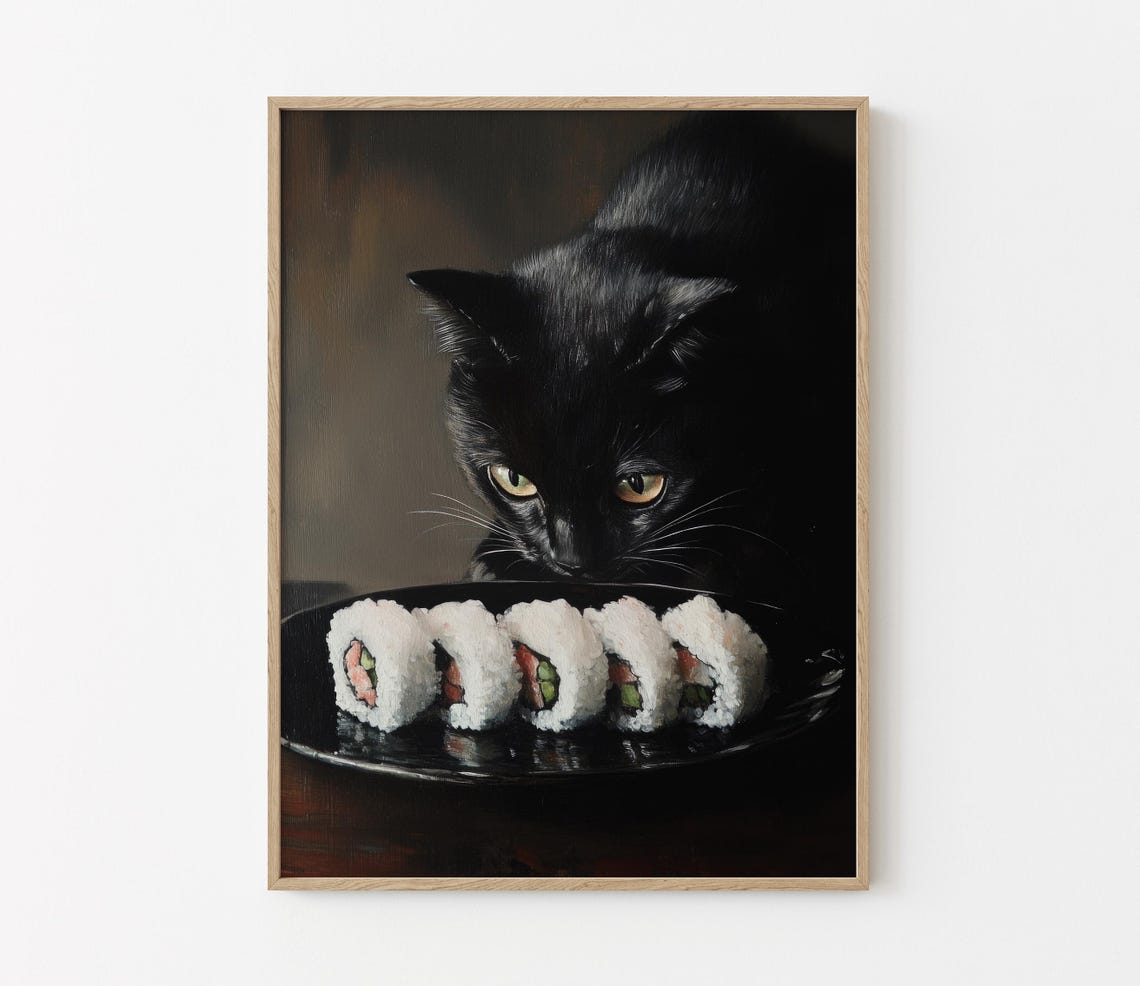 Black Cat Sushi Oil Painting Print Tokyo Art Print Oishii Cat Print Delicious Japanese Food Art Kitchen Wall Art Sushi Art Bcs4