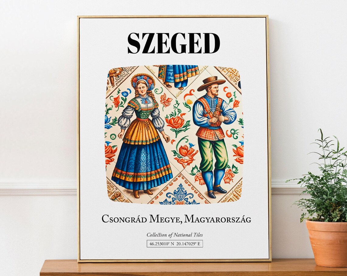 Szeged Hungary Tile With Folk Costumes Art Print