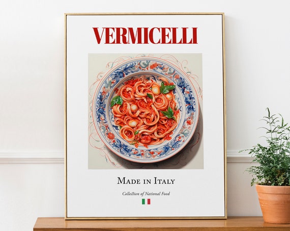 Vermicelli on Maiolica Tile Plate, Italian Food Poster