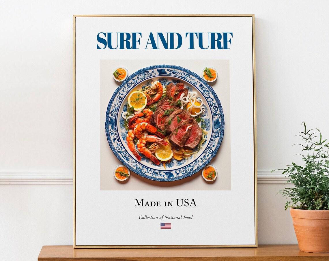Surf and Turf on Maiolica Tile Plate, Kitchen Art Print