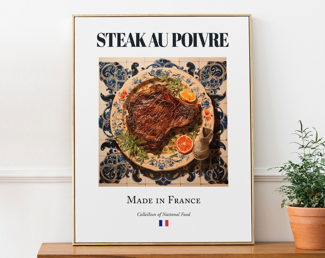 Steak Au Poivre on Maiolica Tile, French Food Poster
