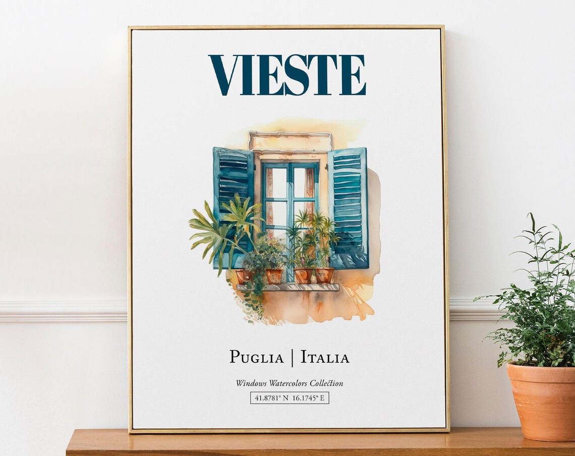 Vieste Puglia Italia Travel Poster, Watercolor Illustration