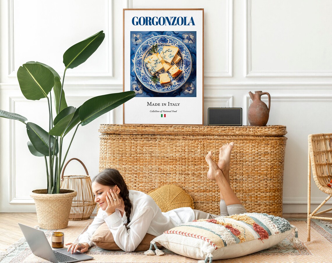 Gorgonzola on Maiolica Tile Plate, Italian Food Poster - Image 2