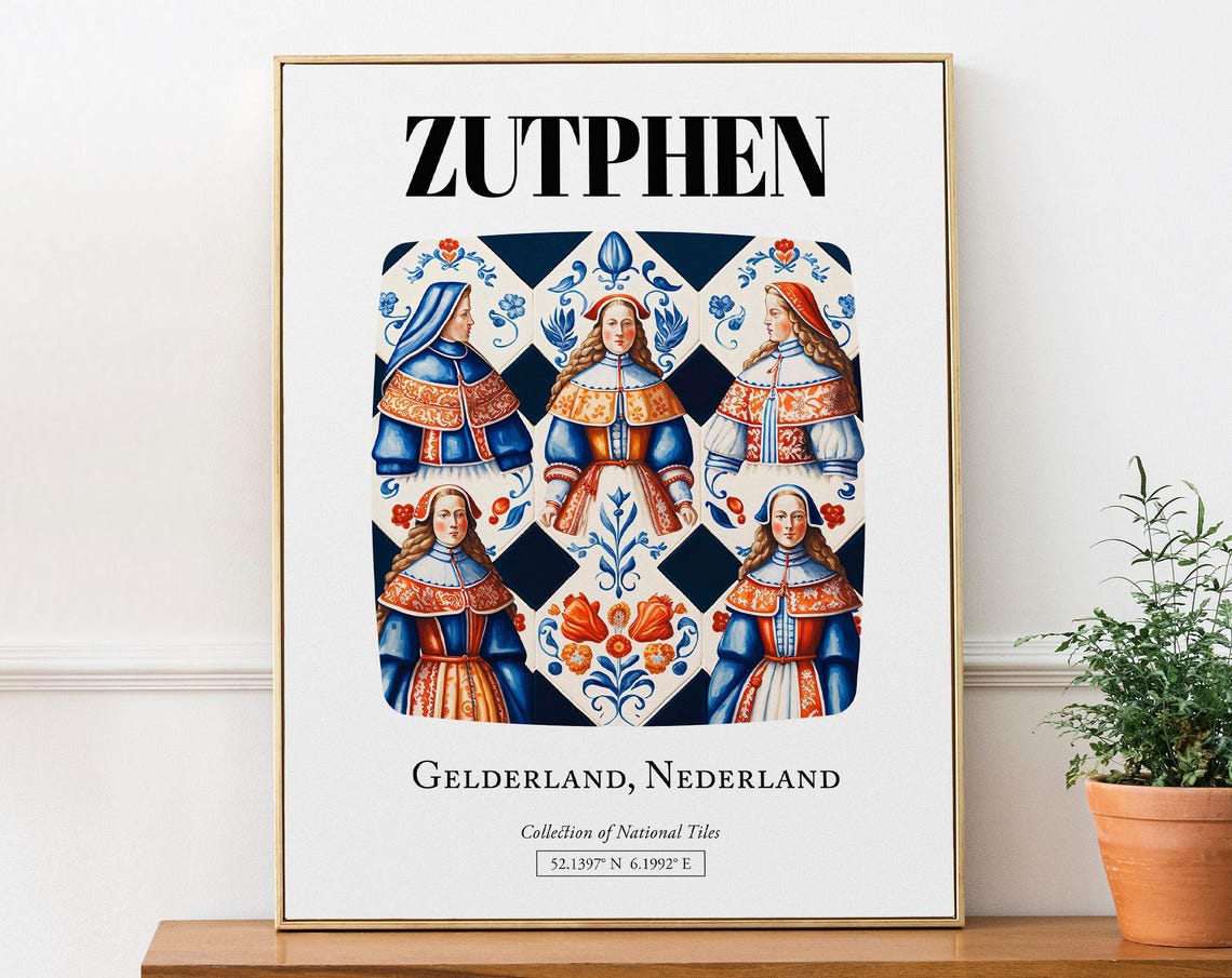 Zutphen Netherlands Delft Blue Folk Costume Tile Travel Poster