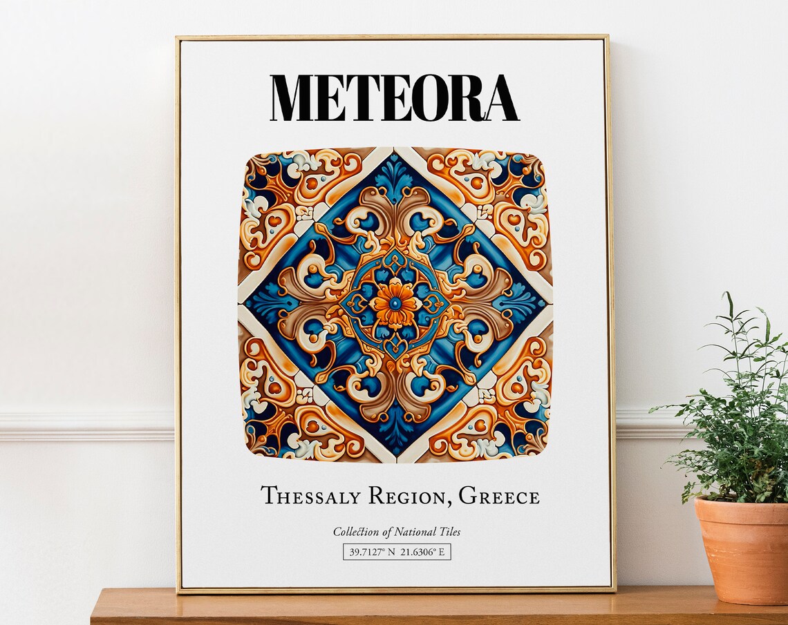 Meteora Tile Pattern Travel Poster, Greek Mystique