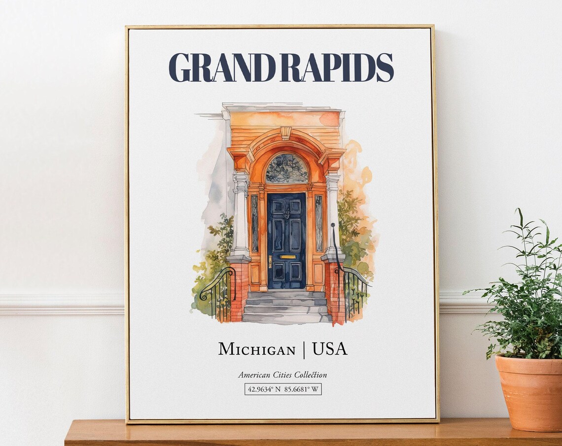 Grand Rapids Michigan Minimalist Watercolor Travel Poster