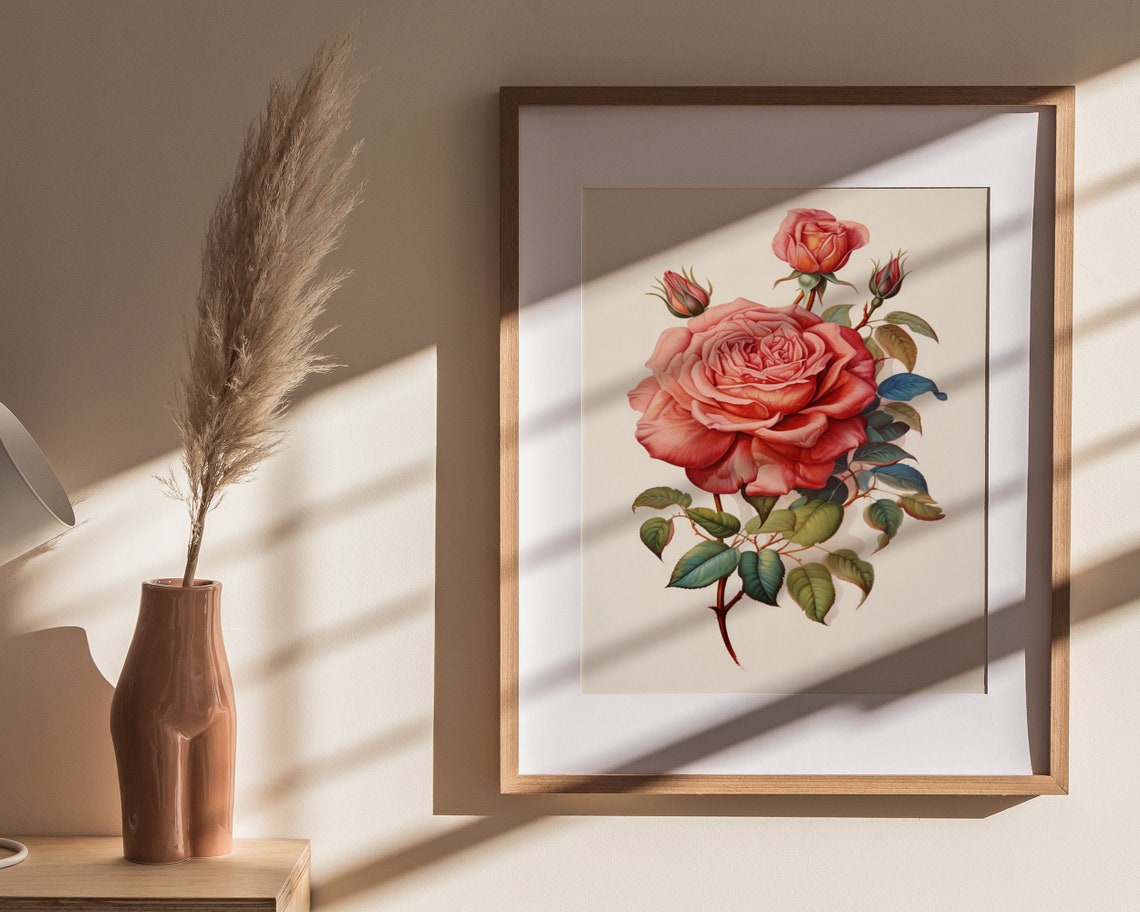 Vintage Coral Rose Botanical Illustration Cream Floral Poster - Image 4