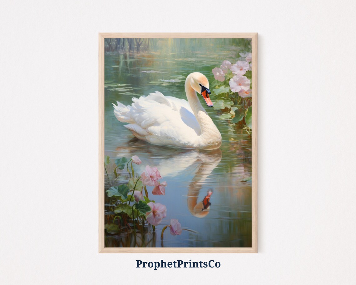 White Swan Pink Water Lilies Classical Lake Painting Wall Poster