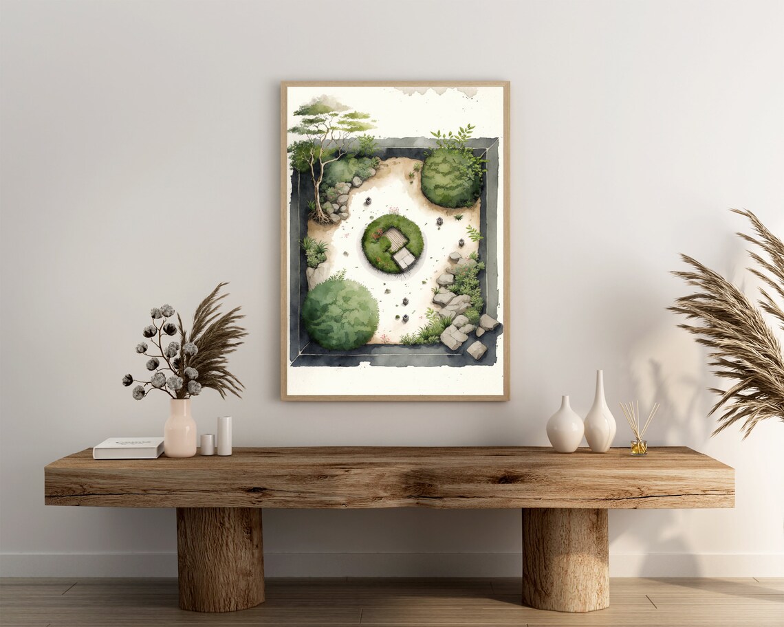 Zen Sand Garden Watercolor Aerial View Japanese Stone Lanterns Poster - Image 3