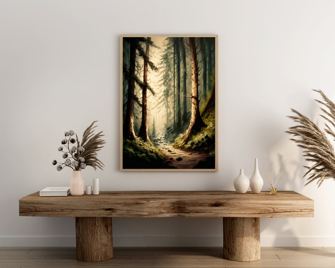 Tall Pine Forest Path In Soft Morning Light Woodland Painting Poster - Image 3