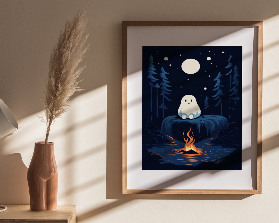 Cute Ghost By Campfire Under Full Moon Forest Night Art Poster - Image 4