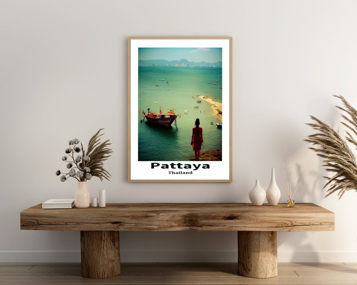 Pattaya Thailand Beach Longtail Boat Overlook Travel Art Poster - Image 3