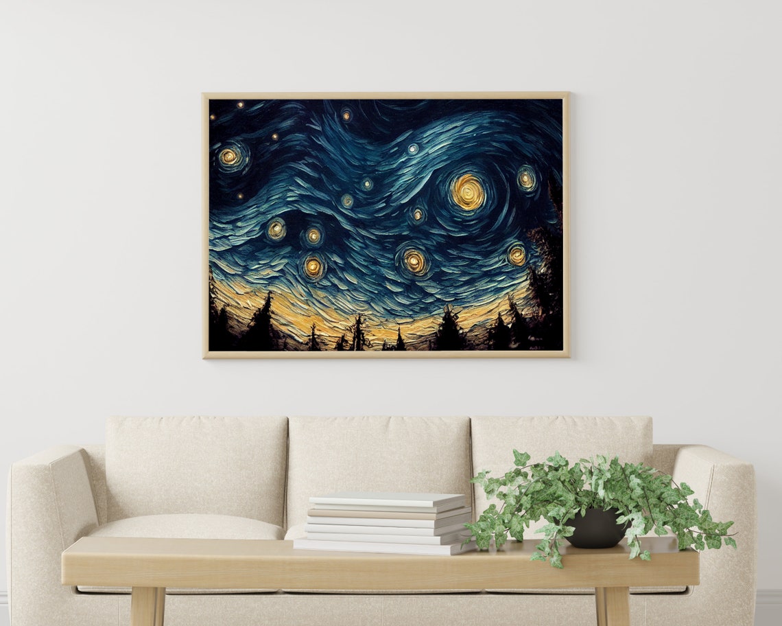 Starry Night Forest Silhouette Van Gogh Style Swirling Sky Poster - Image 3