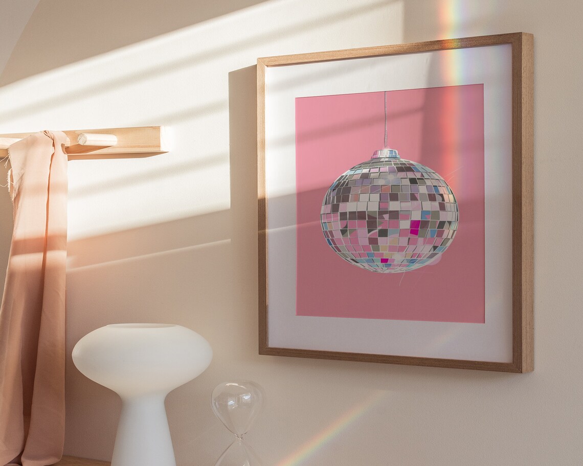 Disco Ball Hanging Illustration Pink Background Glam Party Decor Poster - Image 3