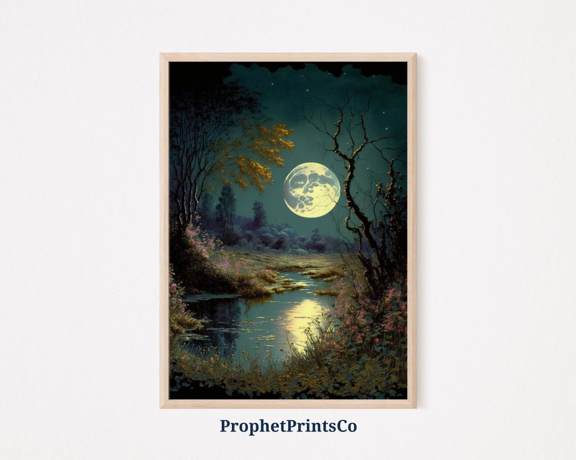 Full Moon Illuminating Winding Forest Stream at Night Poster