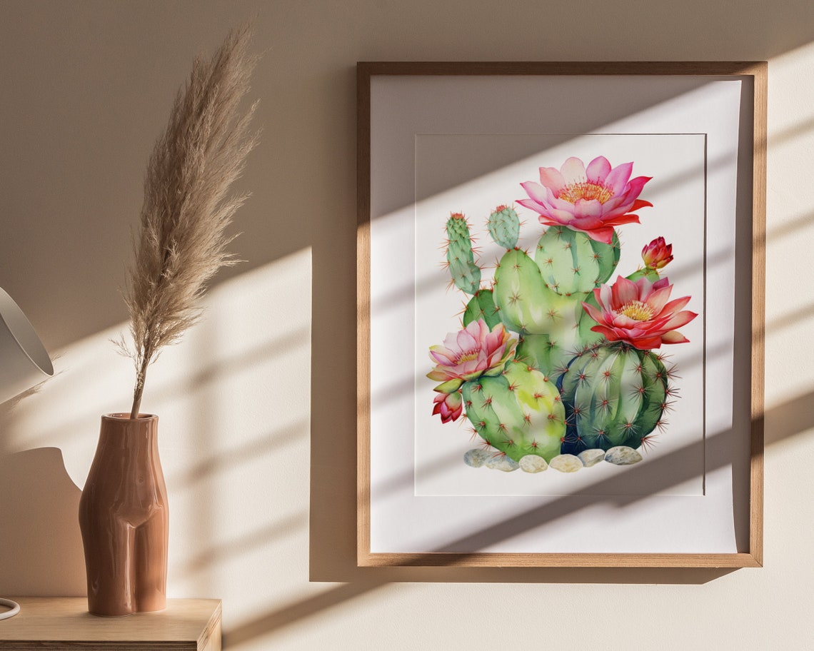 Blooming Cactus Pink Flowers Watercolor Botanical Art Poster - Image 4