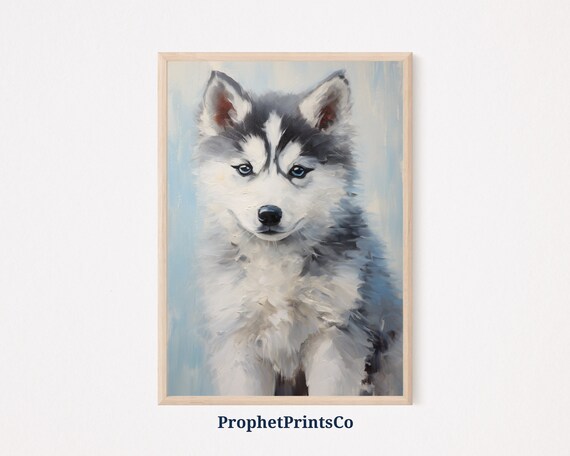 Siberian Husky Puppy Close-Up Portrait with Blue Eyes Oil Painting Poster