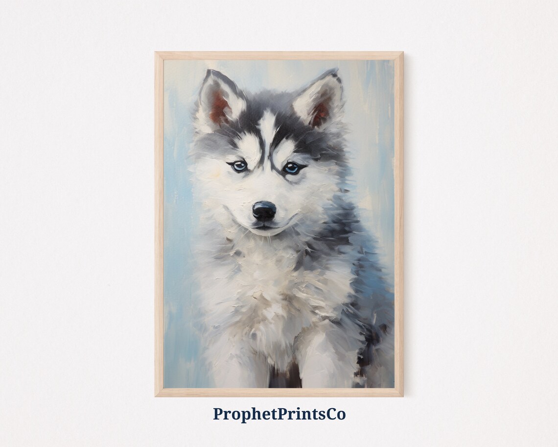 Siberian Husky Puppy Close-Up Portrait with Blue Eyes Oil Painting Poster