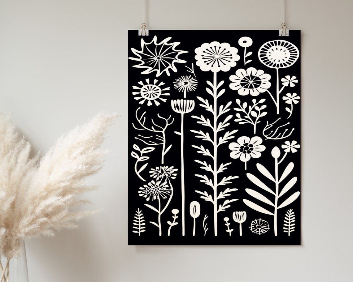 Black And White Floral Pattern Print Boho Wall Art Mid Century Print Cute Eclectic Home Dcor Wall Art - Image 2