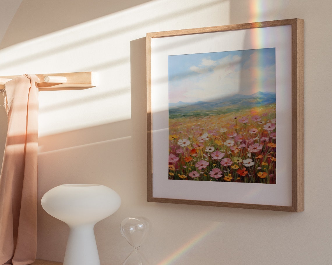 Colorful Cosmos Wildflower Field Mountain Landscape Art Poster - Image 3