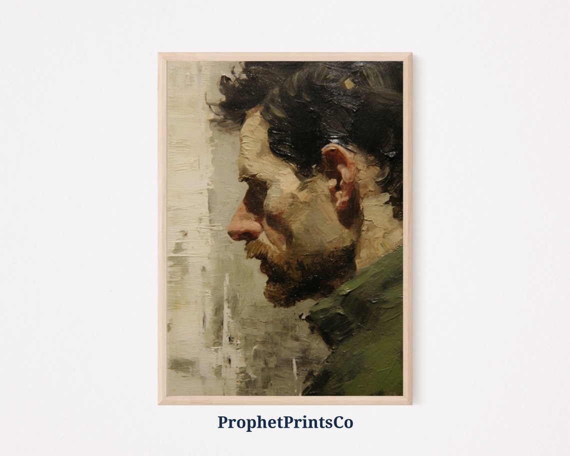 Bearded Man Profile Oil Painting Portrait Rustic Moody Vintage Poster