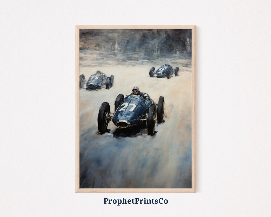 Vintage Blue Race Car Number 27 Impressionist Racing Art Poster
