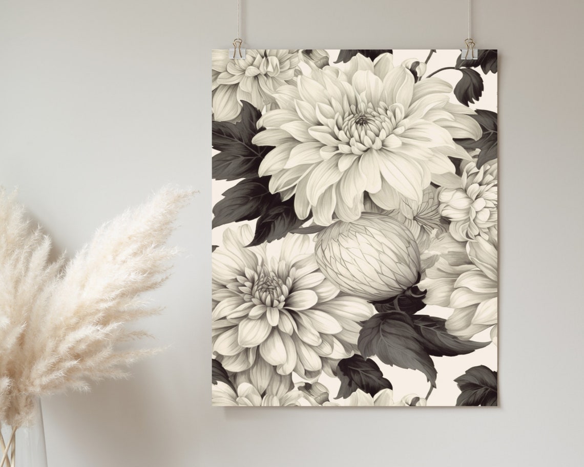 Giant White Dahlia Flowers Soft Monochrome Botanical Art Poster - Image 2
