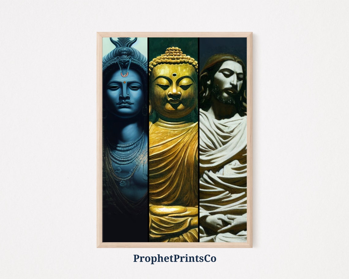 Shiva Buddha Jesus Triptych Spiritual Figures Sacred Unity Art Poster