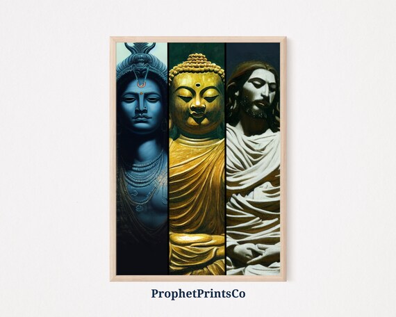 Shiva Buddha Jesus Triptych Spiritual Figures Sacred Unity Art Poster