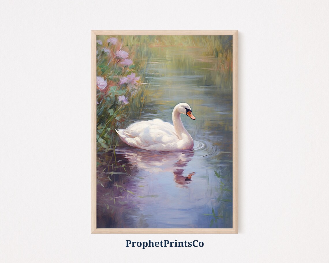 White Swan Pink Flowers Serene Lake Classical Painting Wall Poster