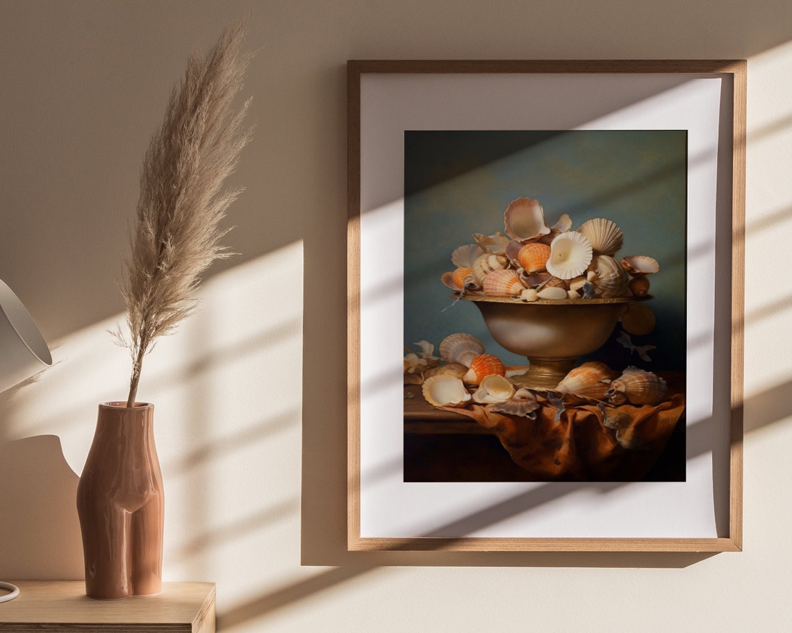 Golden Bowl of Seashells Rust Cloth Warm Still Life Art Poster - Image 4