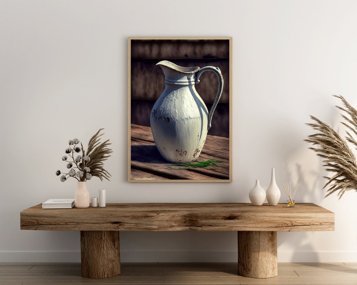 Bright White Enamel Pitcher in Sunlight Rustic Farmhouse Poster - Image 3
