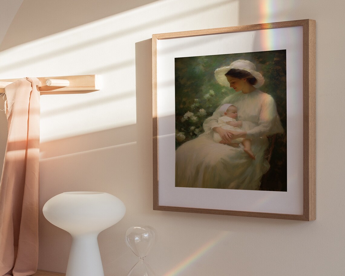 Mother and Baby Garden White Gown Romantic Oil Painting Poster - Image 3