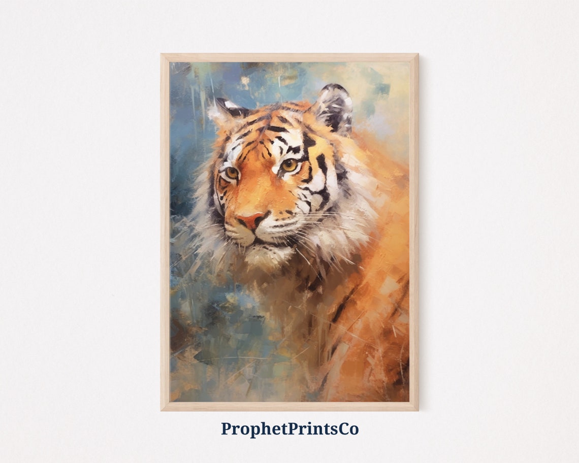 Tiger Portrait Blue Grey Background Expressive Oil Painting Poster