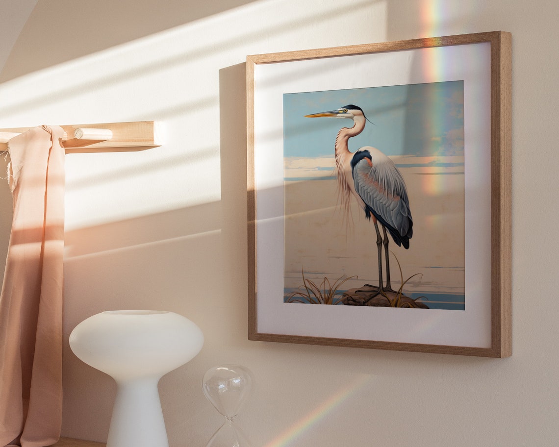 Great Blue Heron Standing By Water Vintage Coastal Bird Poster - Image 3