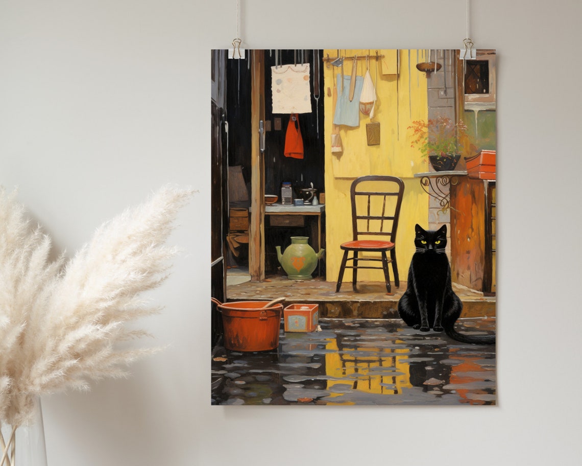 Black Cat Rainy Alley Yellow Door Whimsical Storybook Poster - Image 2
