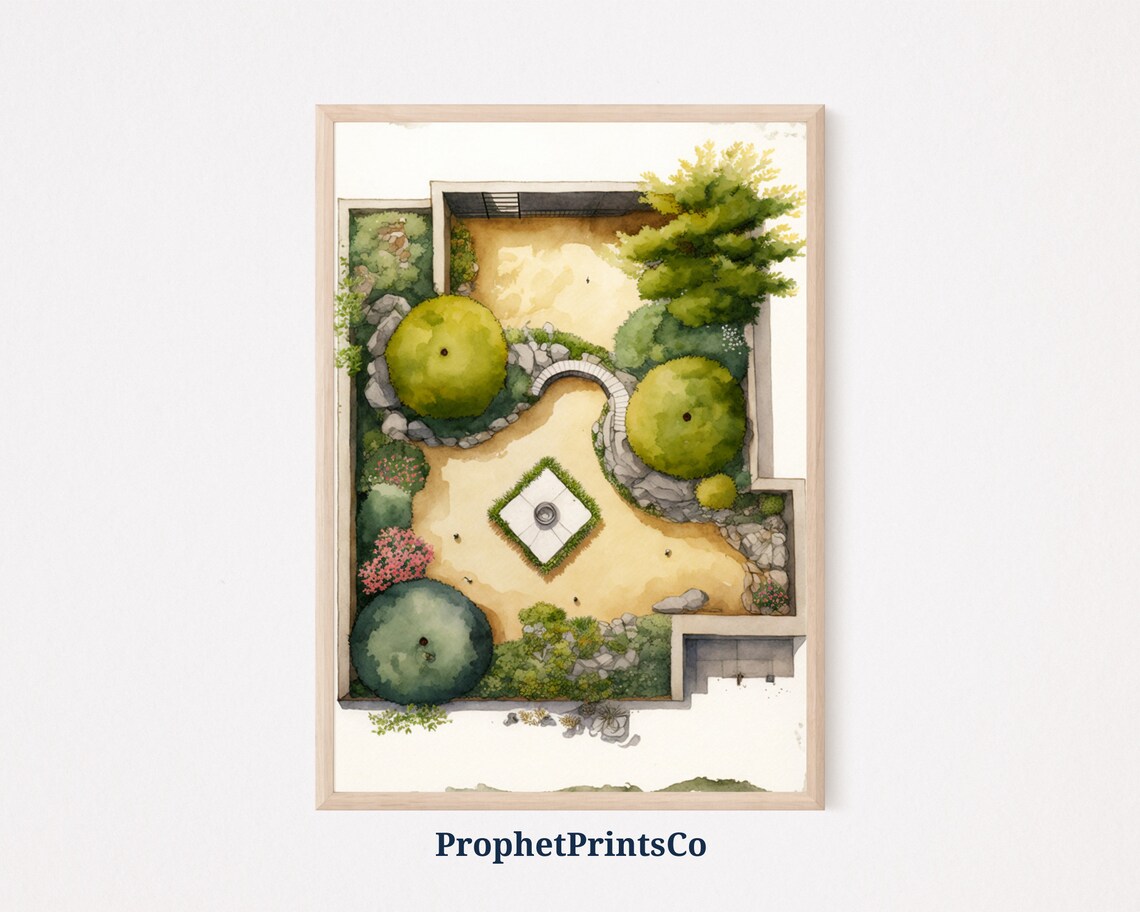 Zen Garden Aerial Watercolor Japanese Rock Garden Topiary Art Poster