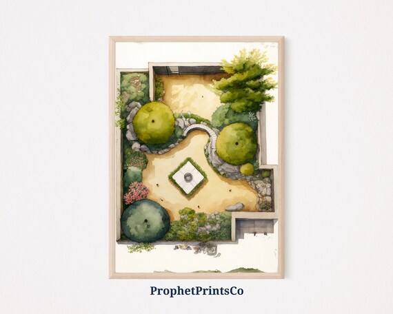 Zen Garden Aerial Watercolor Japanese Rock Garden Topiary Art Poster