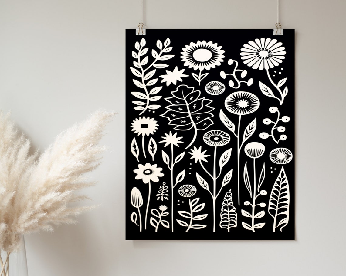 Black And White Floral Pattern Print Boho Wall Art Mid Century Print Cute Eclectic Home Dcor Wall Art - Image 2