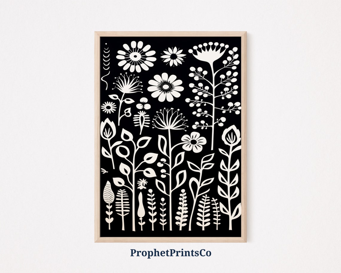 Black And White Floral Pattern Print Boho Wall Art Mid Century Print Cute Eclectic Home Dcor Wall Art