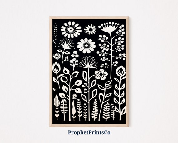 Black And White Floral Pattern Print Boho Wall Art Mid Century Print Cute Eclectic Home Dcor Wall Art