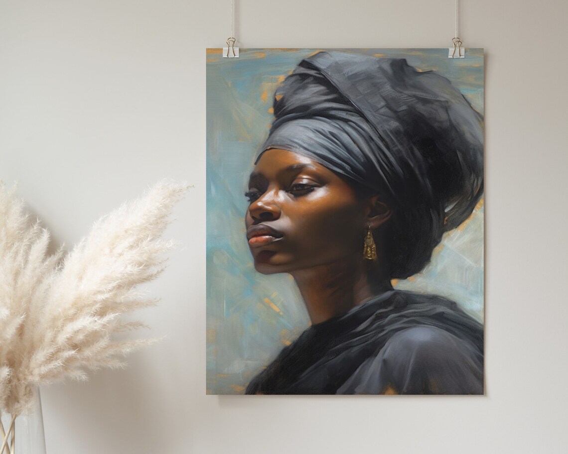 Black Woman in Headwrap Portrait Soft Oil Painting Art Poster - Image 2