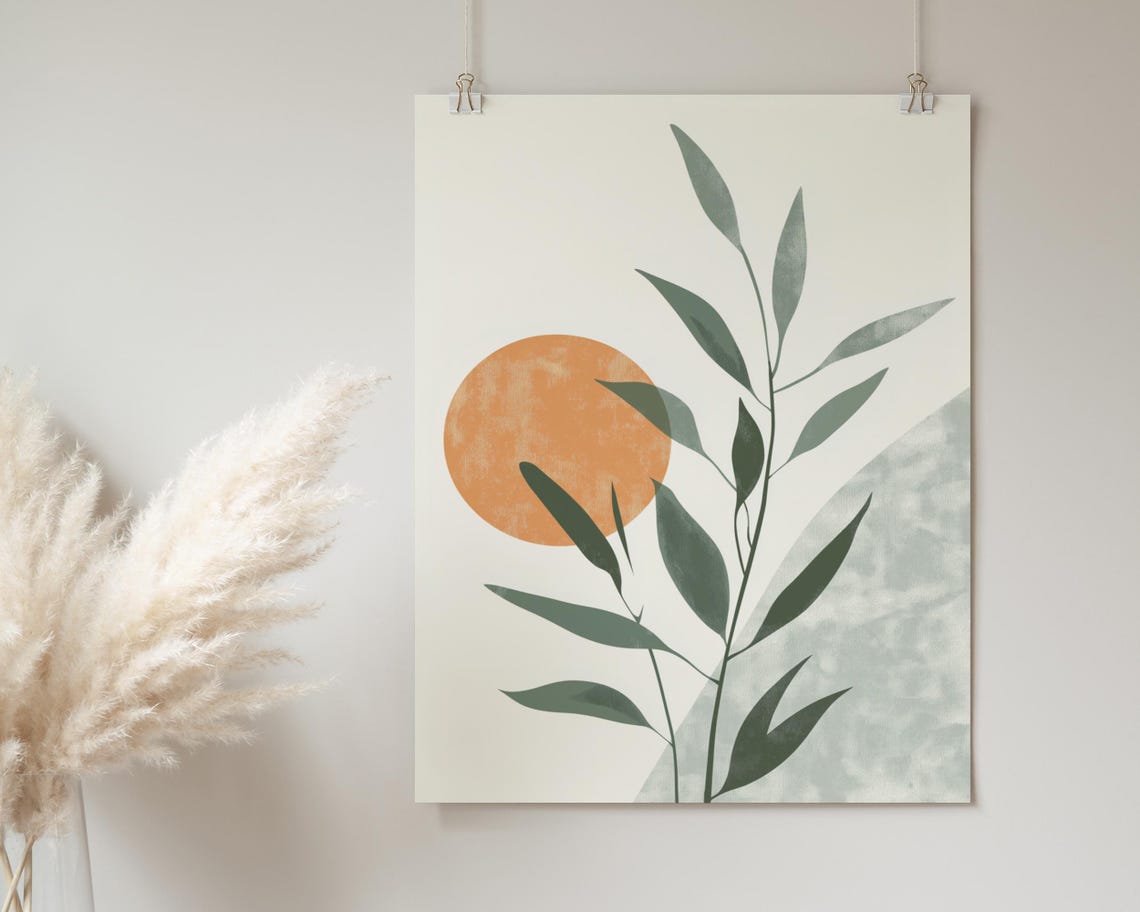 Abstract Botanical Sun Orange Circle Green Leaves Modern Poster - Image 2