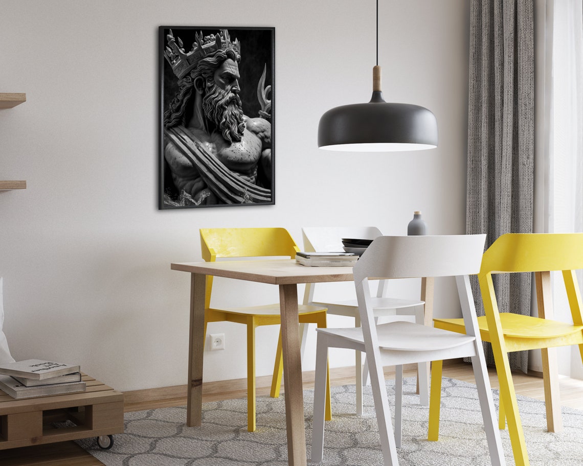 Crowned Poseidon With Trident Black White Greek Sea God Statue Poster - Image 2