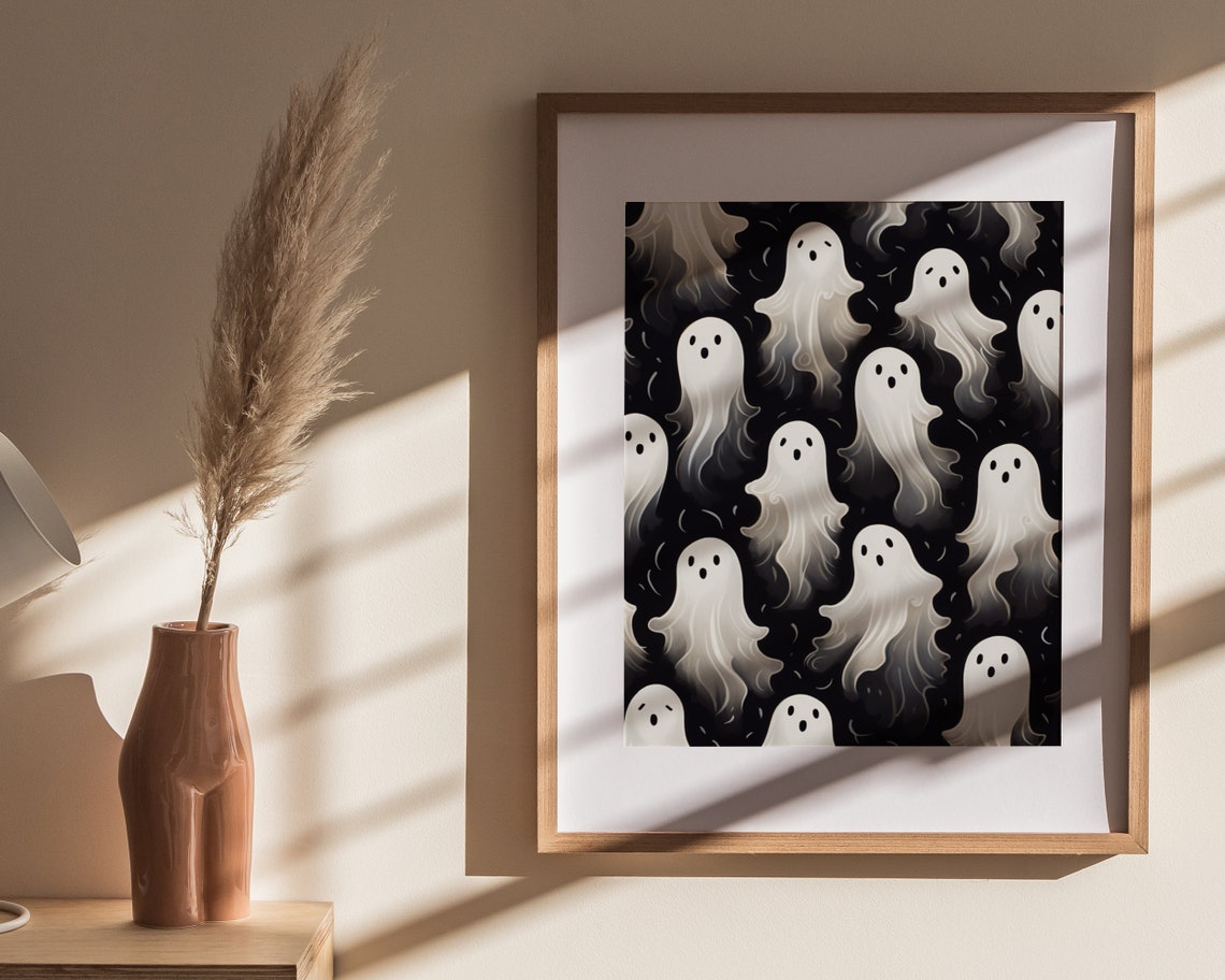 White Ghosts Floating Pattern On Black Cute Halloween Poster - Image 4