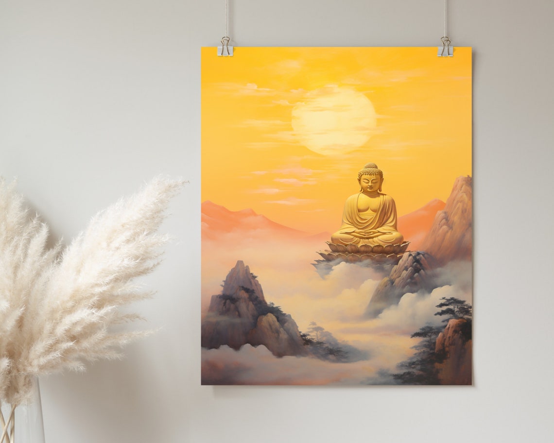 Golden Buddha Meditating Above Clouds Sunset Painting Poster - Image 2