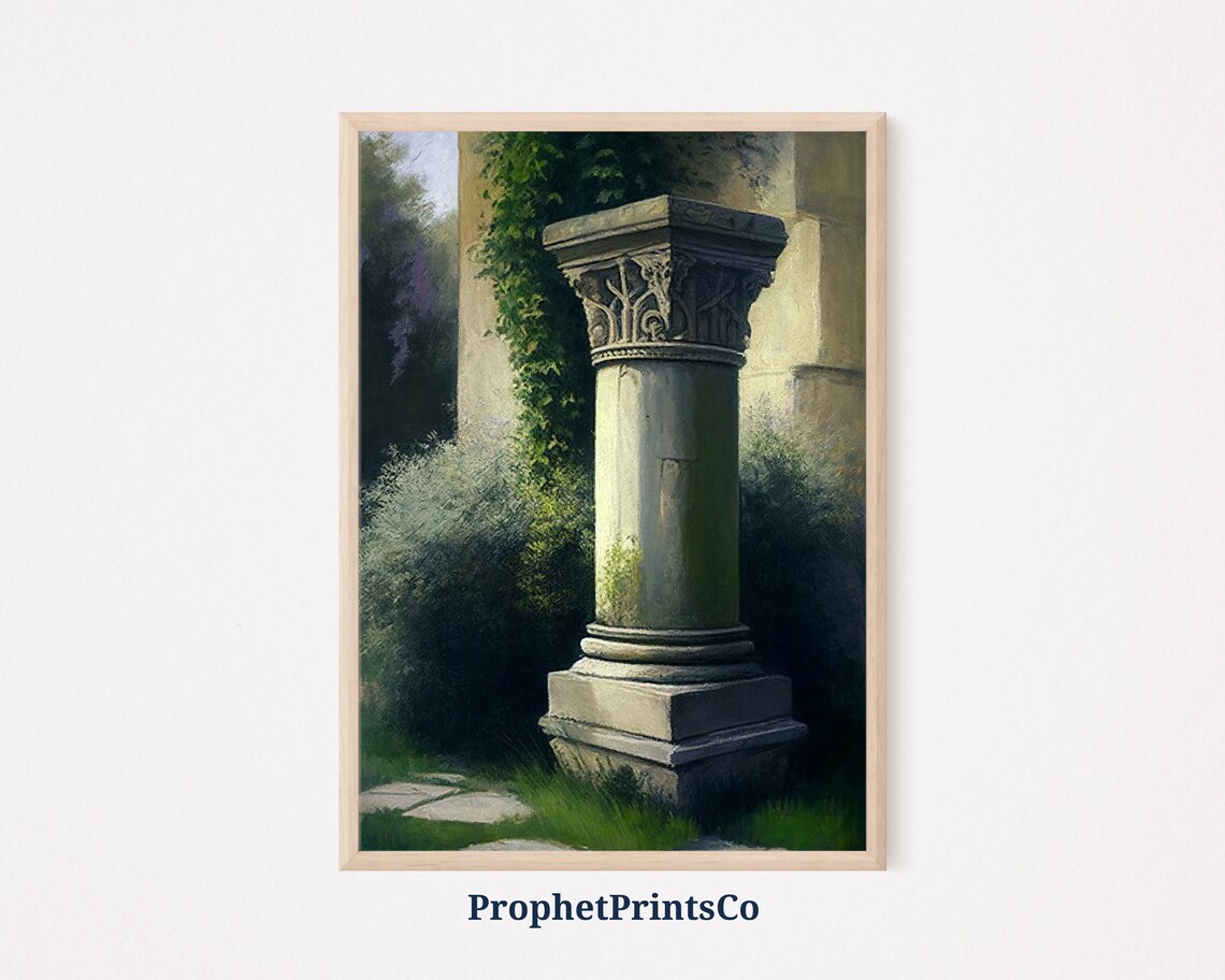 Classical Stone Column Oil Painting Ivy Covered Antique Garden Poster
