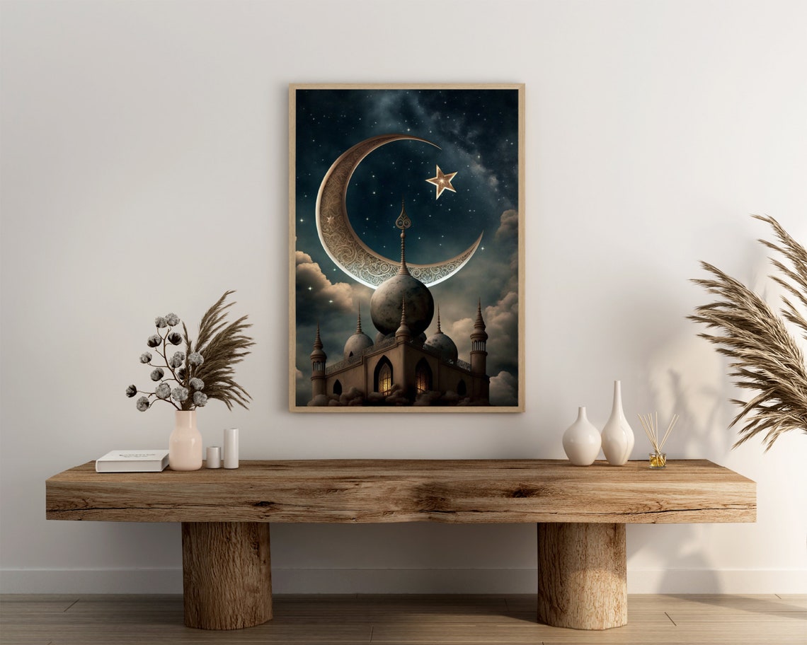 Golden Engraved Crescent Moon and Star Over Mosque Domes Art Poster - Image 3