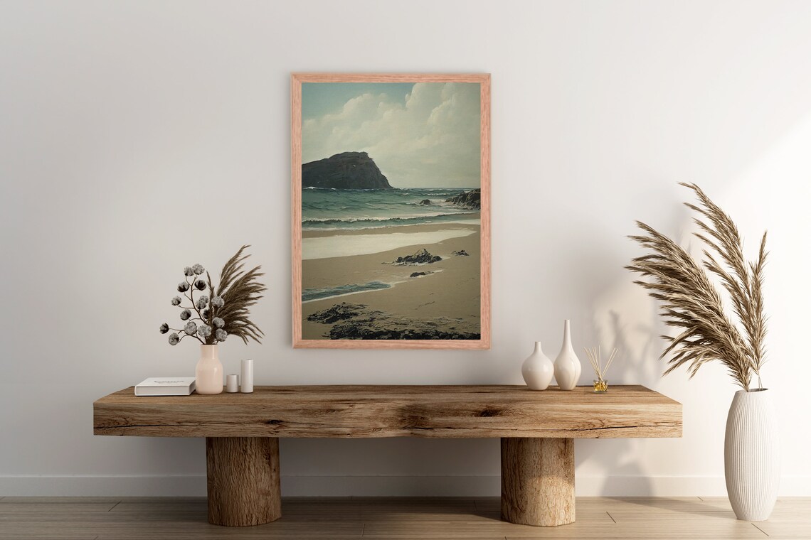 Muted Rocky Beach Cliffs Vintage Oil Painting Coastal Scene Poster - Image 2